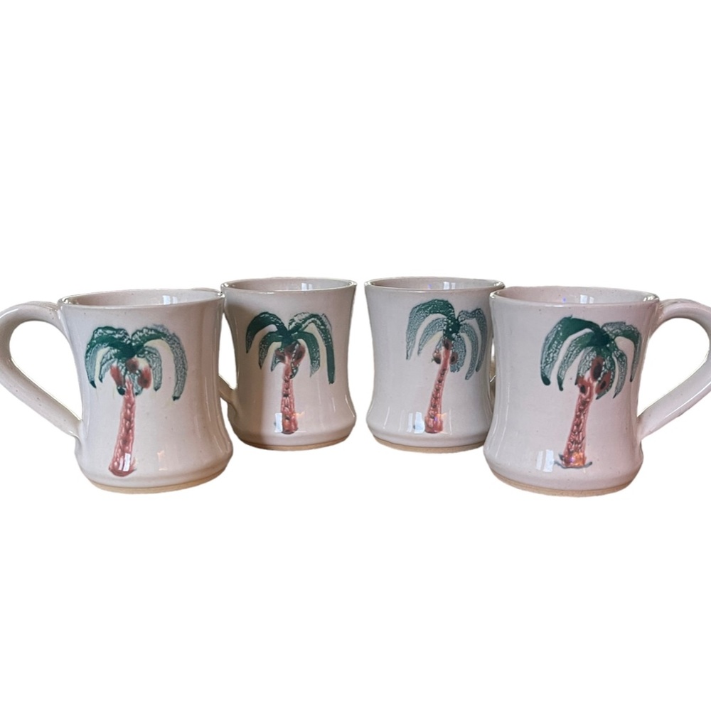 Set of 4 Vintage Studio Pottery Palm Tree Coffee Mugs Beach, Coastal, Vacation